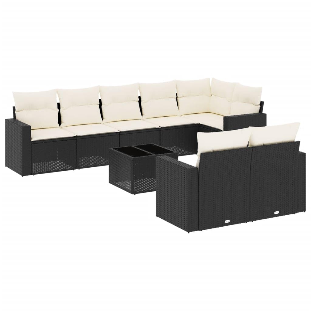 Juego de 9 sofás de jardín con cojines de polirratán de polietileno trenzado, diseño modular con espacio de almacenamiento y fundas extraíbles, cómodo conjunto de muebles con tablero de