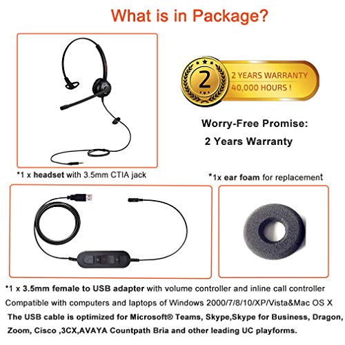 Cuffie USB da 3,5 mm con microfono, cuffie da lavoro leggere con microfono a cancellazione del rumore, controllo in linea per squadre Skype, Webinar, PC, telefono cellulare e tablet