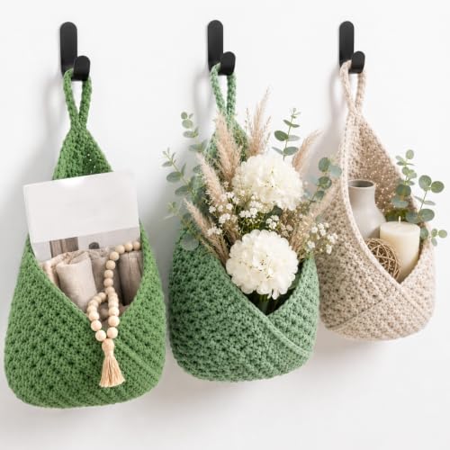 Image of Honeydak 3 Hanging Baskets, Sage Color Palette, Triangle, Cotton Rope