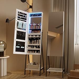 Vlsrka Armadietti per gioielli con specchio, specchio intero con contenitore per gioielli (bianco con LED)