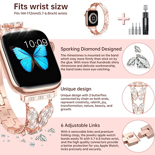 Fitlink For Apple Watch Band 38Mm 40Mm 41Mm 42Mm 44Mm 45Mm 49Mm, Bling Butterfly Jewelry Diamond Rhinestone Stainless Steel Metal Strap For Apple Watch Series 8 Series 7/6/5/4/3/2/1/Se/Se2/Ultra #TOP1