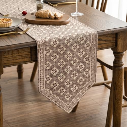Image of Premium Dining Table Runner | Washable Farmhouse Style Heat Resistant Table Cover for 4 & 6 Seater | Elegant Home & Coffee Table Decor | Soft Viscose Rayon & Cotton | 13x72 Inch | Brown