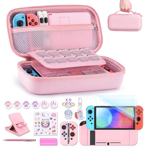 Image of innoAura Switch Case 19-in-1 Bundle for NS Switch (2017), with Carrying Case, Game Organizer, Screen Protector, Stand and Thumb Grips, Pink