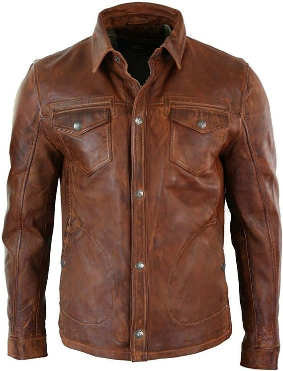 Men's Genuine Sheepskin Leather Brown Wax Shirt