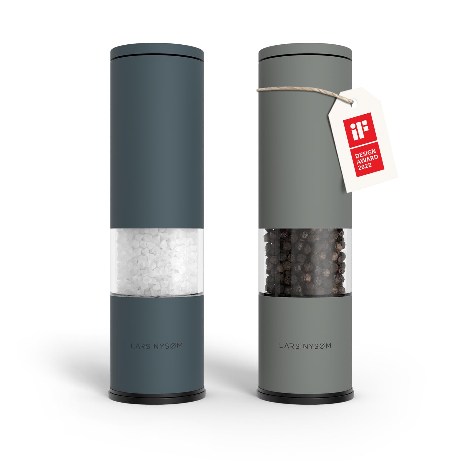 LARS NYSØM Salz und Pfeffermühle Set Manuell mit einstellbarem Keramikmahlwerk I Edelstahl Pfeffermühle und Salzmühle I Design Gewürzmühlen Set (2 Stück) (Blue/Gray)
