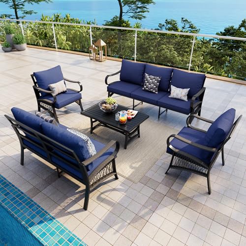 Image of 5 Pieces Patio Conversation Sets, All Weather Metal Outdoor Furniture Set with Sectional Sofa Loveseat Couch for Backyard Garden Deck Porch Poolside (Blue Cushions)