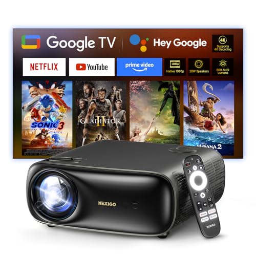 NexiGo PJ40 Pro Google TV Projector, Native 1080p, 4K Support, AI Image Enhancement, 800 ANSI Lumens, Smart Projector with Auto Keystone, 20 W Speakers, Backlit Remote, Wi-Fi & Bluetooth