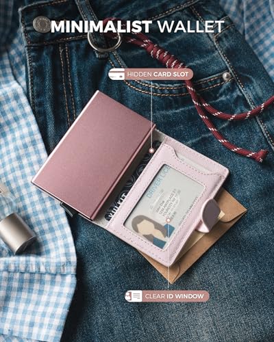Image of VULKIT Slim Bifold Pop up Wallet Minimalist Leather Card Holder RFID Blocking Metal Card Case with ID Window for Women | with Leather Slots