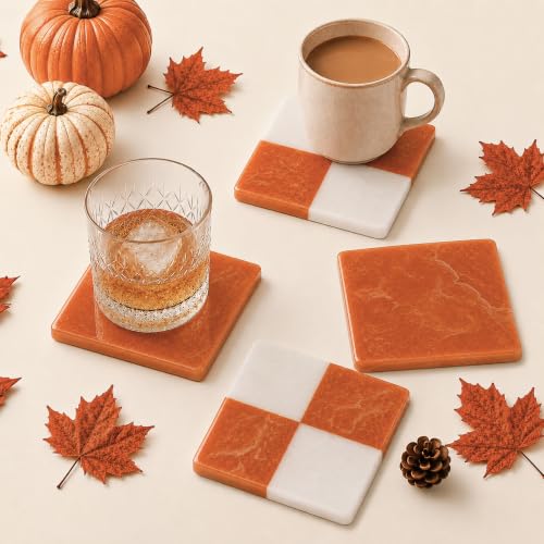 Folkulture Cute Fall Coasters, Set of 4, Non Slip, Easy to Clean - 4 Inch | Waterproof Drink Coaster for Fall Decorations, Boho, Coaster for Farmhouse, Checkered Rust, Coffee Table