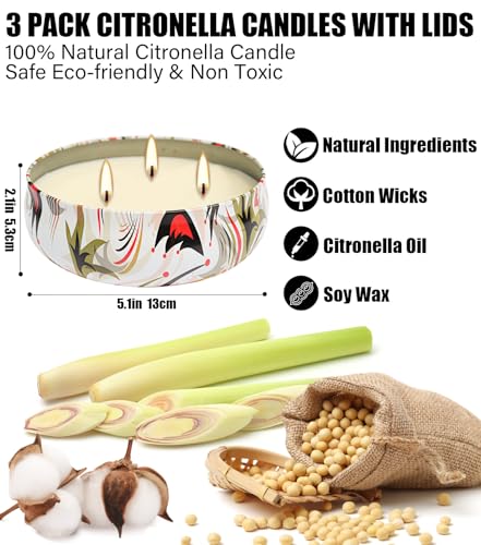 シトロネラキャンドル アウトドア 3パック 12オンス 大型 シトロネラキャンドル 3芯 天然ソイワックス サマーキャンドルセット 240時間 長時間燃焼 巨大な香り 屋外 屋内