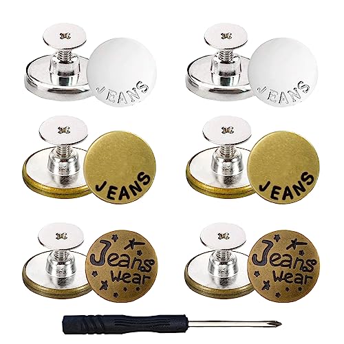 YouOKLight Buttons for Jeans,17 mm no-sew nailess Removable Metal Jeans Buttons Replacement Repair Combo Thread Rivets and Screwdrivers, 3 Colors and Styles.Simple Installation,Reusable Adjustable.