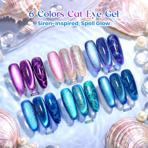 Image of Beetles Siren Song Cat Eye Gel Nail Polish Set, 6 Colors 9ml Fall Gel | Blue Purple Magnetic Gel Polish Kit with Cat Eye&Water Ripple Magnets Stick Nail Charms Soak Off UV Nail Art Gift for Women