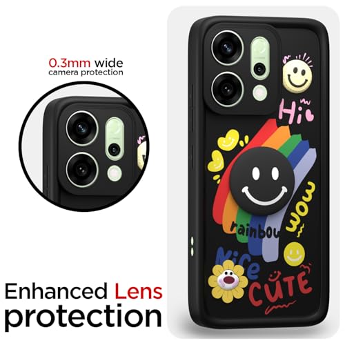 Image of Pikkme Back Cover for Oppo Reno 14 5G | Soft Silicone| Cute Rainbow Smile & 3D Cartoon Flower Design | Shockproof Raised Camera Protection Bumper Case (Black)