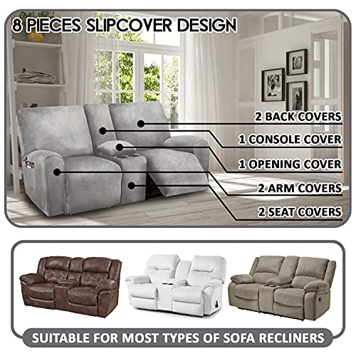 Reclining Love Seat with Middle Console Slipcover, 8-Piece Velvet Stretch Loveseat Reclining Sofa Covers, 2 seat Loveseat Recliner Cover, Thick, Soft, Washable, Loveseat Slipcovers (Light Grey)