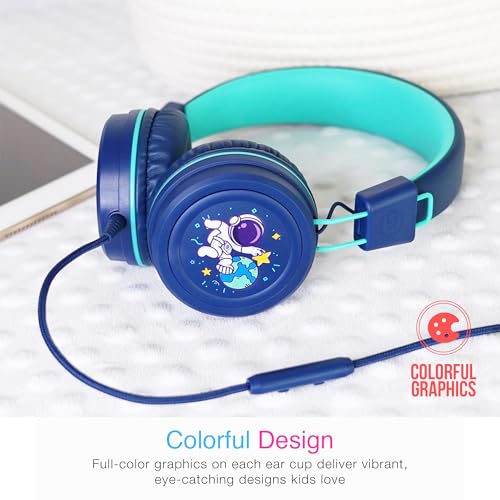 Image of MEE audio KidJamz KJ55 Wired Children's Headphones with 3.5mm Plug, Colorful Graphics, Volume Limiter & Microphone, Adjustable On-Ear Kids Headset for Online Learning /School /Travel /Tablet (Blue)