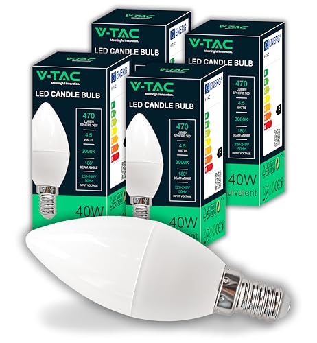 V-TAC 4x Lampadine LED Candela E14-4,5W (Equivalenti a 40W) - Lampadine di Nuova Generazione - 470 Lumen - Massima Efficienza e Risparmio Energetico - 3000K Luce Bianca Calda