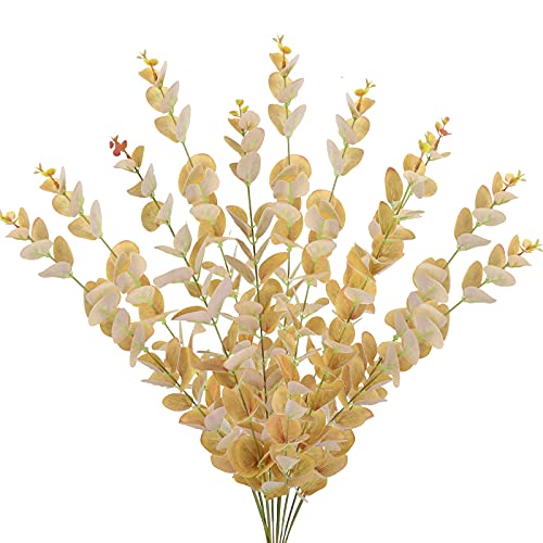 HUAESIN 10 PCS Artificial Eucalyptus Leaves Stems 21 Inch Tall Faux Eucalyptus Branches Sunset Yellow Fake Eucalyptus Leaf for Autumn Farmhouse Wedding Flower Arrangement Office Decoration