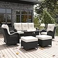 LayinSun 7 Pieces Outdoor Patio Furniture Set with Fire Pit Table, Rattan Wicker Sectional Swivel Rocker Chairs Sets with Ottomans, Swivel Glider Chairs and Coffee Table