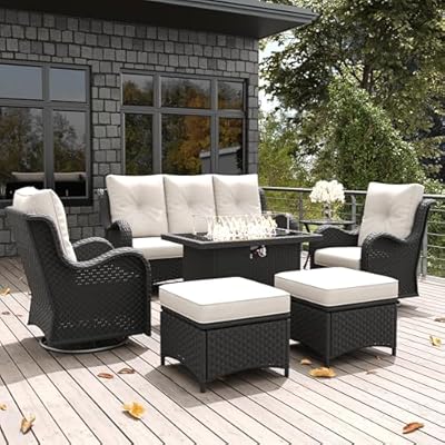LayinSun 7 Pieces Outdoor Patio Furniture Set with Fire Pit Table, Rattan Wicker Sectional Swivel Rocker Chairs Sets with Ottomans, Swivel Glider Chairs and Coffee Table