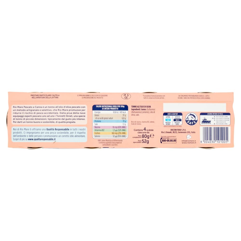 Tonno all'Olio di Oliva, zarter Thunfisch aus Rutenfang Dose 24 x 80g | Conserva saporita, nachhaltiger Fang; perfetto per antipasti, panini, insalate e schnelle Küche, Gesamtnettogewicht 1,92 kg