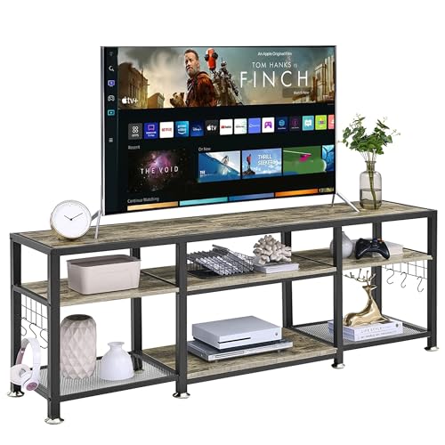 VECELO 65 Inch TV Stand - Industrial Media Console With Adjustable Shelves, Grey & Brown, For Living Room Or Bedroom