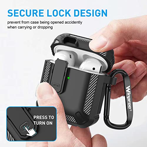 Winproo Armor Airpods 2Nd & 1St Generation Case Cover With Lock Clip, Military Hard Shell Full-Body Shockproof Protective Case Skin With Keychain For Airpods 2Nd & 1St Gen (Black) #TOP1