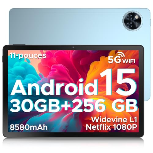 DOOGEE U11 Pro（2025） Tablette Android 15, Tablette 11 Pouces, 30GB RAM+256GB ROM/TF 2TB, Batterie 8580mAh, Octa-Core T7200 90Hz,13MP Caméra, Tablette Tactile 1080P/5G WiFi/OTG/Face ID, Bleu