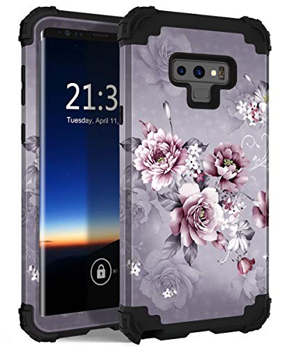 Hocase for Galaxy Note 9 Case, Heavy Duty Shockproof Protection Soft Silicone Rubber+Hard Plastic Bumper Dual Layer Protective Case for Samsung Galaxy Note 9 (SM-N960U) 2018 - Light Purple Flowers