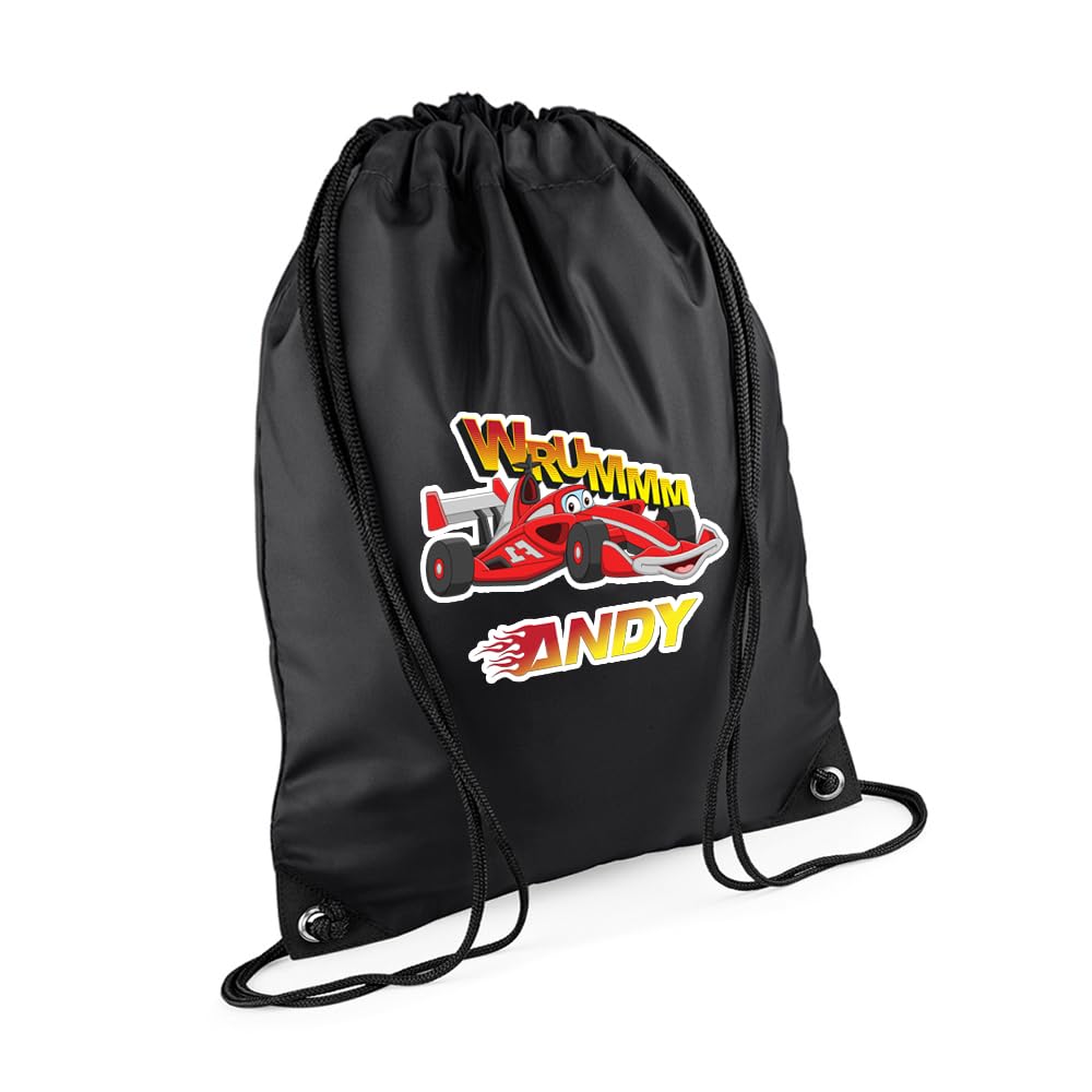Personalised Kids Cars Backpack, Sport Car Bag Gift For Children's, Back To School, Drawstring Bag, PE Gym Kit Swimming, Sport Rucksack. (Black)
