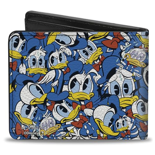 Image of Buckle-Down Men's PU Bifold Wallet, Donald Duck Blue & Yellow, 4.0 inch x 3.5 inch