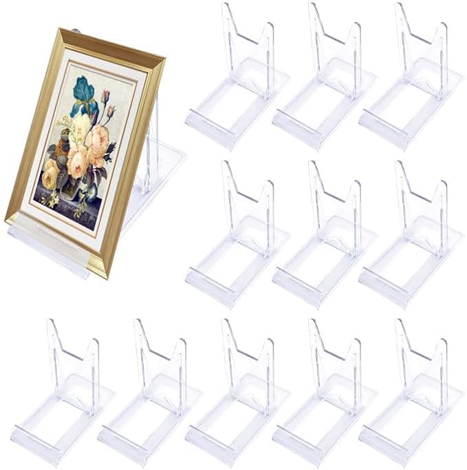 12 個 プラスチックプレートスタンド 皿立 写真立て 本立て 透明 ブックスタンド ゴールド ワイヤースタンド 本立て 写真立て 色紙 カタログ イーゼル ディッシュスタンドアクリル クリア ディスプレイ スタンド クロス付アクリルスタンド 展示台 調節可能 陳列棚 ディスプレイアクリルスタンド ディスプレイ多目的フォトフレーム 缶バッジ カード