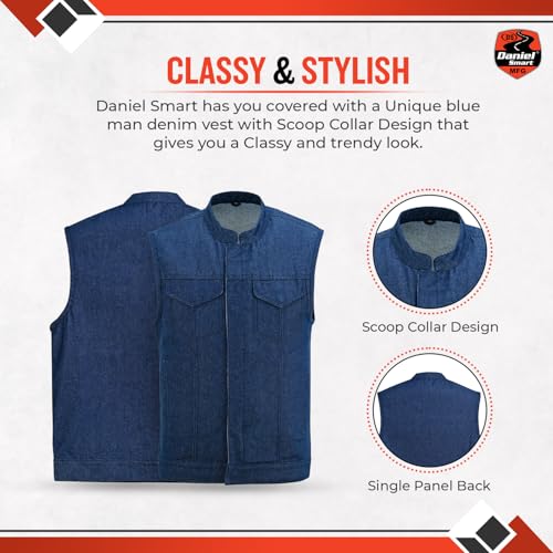 Daniel Smart Biker Vest for Men Rough Blue & Black Denim Vest with Unique Scoop Collar Design & Concealment inside3