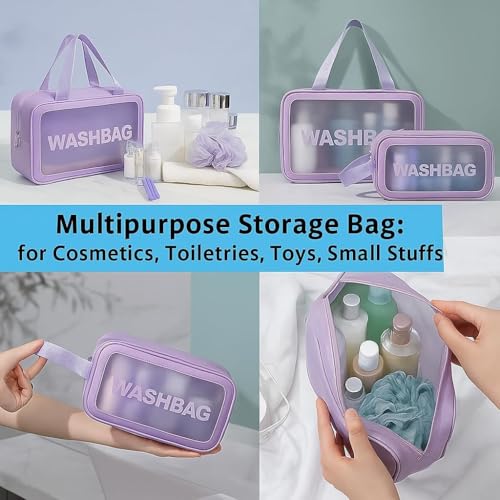 Image of RIXTEV PVC Makeup Bag Travel Toiletries Organizer Cosmetic Bags Wash Bag Pouch for Travel Kit Toiletry Bag Portable Organizer Case Carry Pouch for Women Bathroom Set of 3 (Purple)