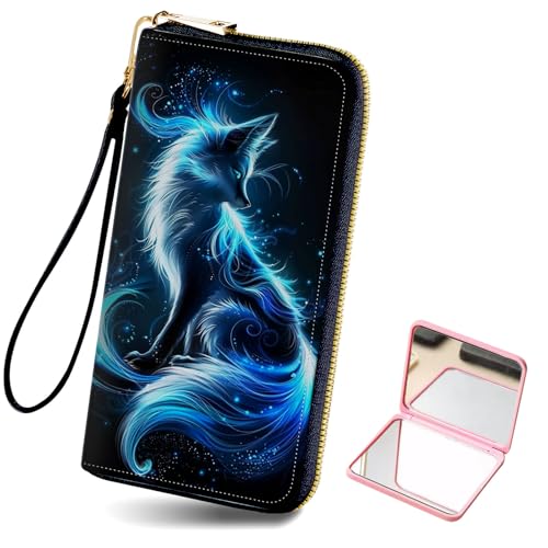 Women's Card Holder Wristlet Wallet, Convenient Travel Long Wallet with Strap and Pink Compact Mirror, Fashion and Sturdy Wristlet Long Purse for Women, Blue Light Fox