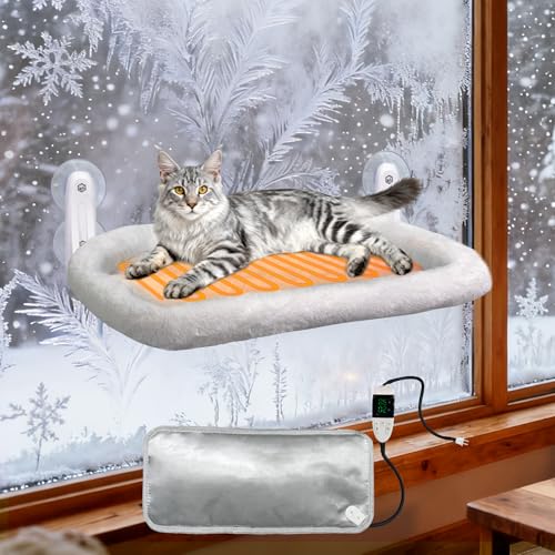 Image of L&W BROS. 2PC Cat Heated Window Perches with Adjustable Thermostat & Timer - Dual Hammocks with Strong Suction Cups, Easy-to-Clean Warm Beds for Multi-Cat Homes, Holds Up to 50lbs Each (L 2PC)