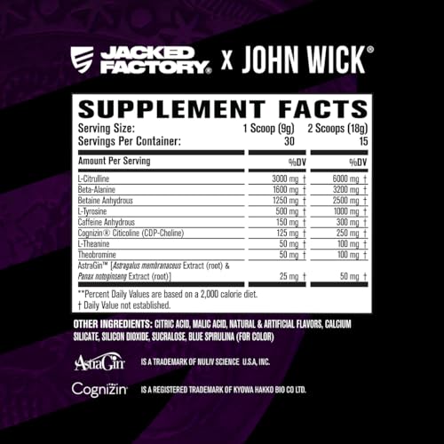 Image of Jacked Factory X John Wick - Nitrosurge Wick Pre Workout Supplement - Intense Energy, Battle-Ready Focus, Unstoppable Commitment, and Sheer Will - 30 Servings, Baba Yaga Blue Raz