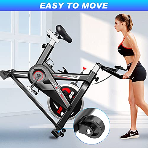 YONKFUL Exercise Bike Belt Drive Indoor Cycling Bike Adjustable Stationary Bicycle Home Gym Bike for Workout Cardio Bikes with Tablet Holder and Comfy Seat Cushion