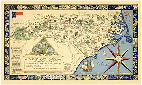 Historic Pictoric A Map of North Carolina for Nature Lovers The Garden Club of North Carolina, 1937 - Vintage Wall Art - 36in x 22in