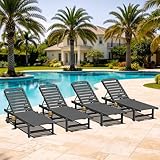 SERWALL Outdoor Chaise Lounge Set of 4, Patio Lounge Chairs with 5 Positions Adjustable Reclining Backrest, HDPE Lounge Chairs with Rolling Wheels & Cup Holder for Poolside, Beach, Garden, Grey
