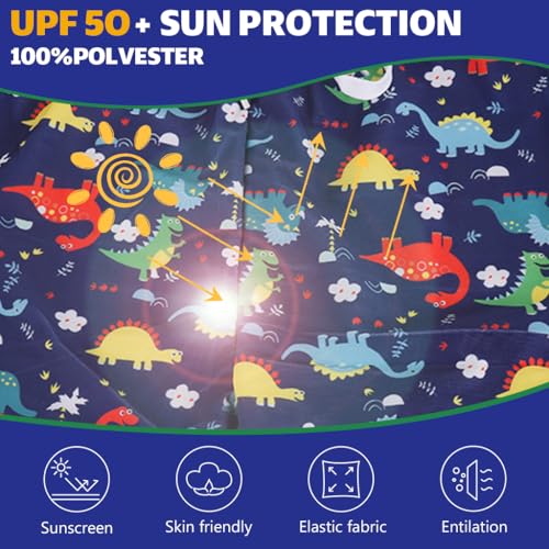 Image of PROBEROS Kids Swimming Suit Set of 3 for Boys, Cartoon Dinosaur Swim Top, Shorts and Swim Cap, Elastic Drawstring Shorts, Quick Dry Polyester Swimsuit for Swim Class, Beach, Pool