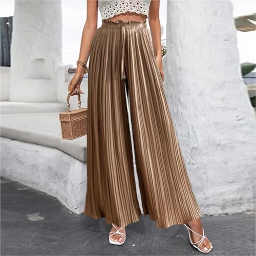 Women's Elegant Ruffle Pleated Chiffon Pants Wide Leg Loose Fit High Waist Flared Drawstring Trousers4