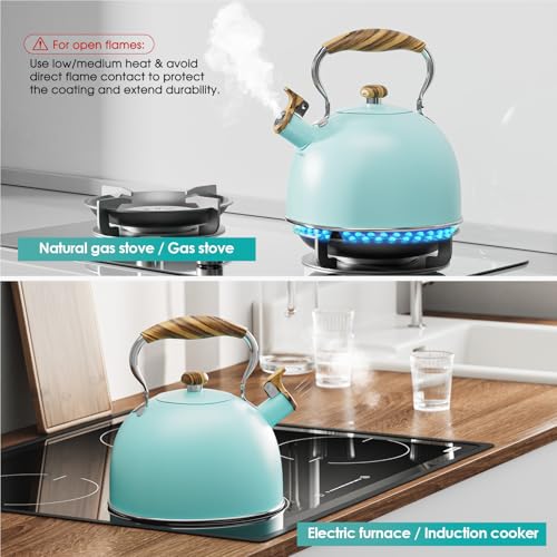 Chefbar 2.6 Quart Tea Kettle Stovetop Whistling for Stove Top, Food Grade Stainless Steel Tea Kettles with Cool Wood Pattern Handle, Blue