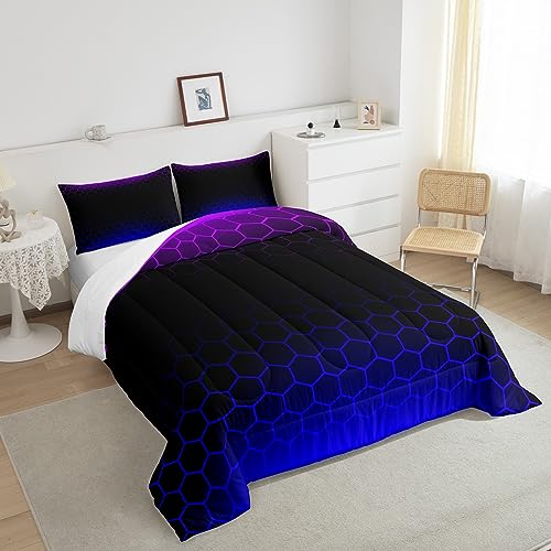 Image of Honeycomb Bedding Set Full Size, Purple Blue Ombre Comforter Geometrics Hexagon Comforter Set for Kids Boys Girls Beehive Hexagon Duvet Set Breathable Room Decor Microfiber Bed Set