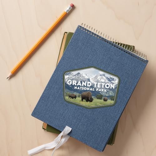 Image of Die Cut Sticker Grand Teton National Park, Wyoming, Buffalo and Mountain Scene, Vinyl Sticker, (Waterproof Decal for Cars, Water Bottles, Laptops, Coolers), Large