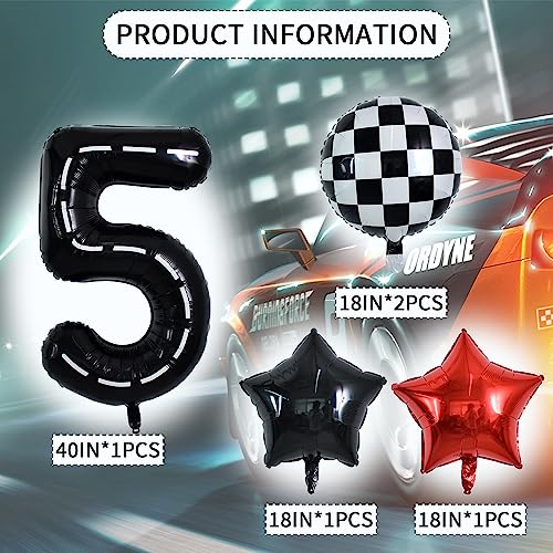 Image of TONIFUL 40 Inch Race Car 5th Birthday Balloons - Racetrack Number 5, Wheel Tire, Black White Checkered, Star - Boys Car Themed Party Decor