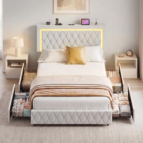Ufurniture LED Bed Frame Double Size with 4 Storage Drawers and Charging, Velvet Upholstered Bed Bases with Button Tufted Headboard and Footboard, Wood Slats Support, Easy to Assemble, Beige