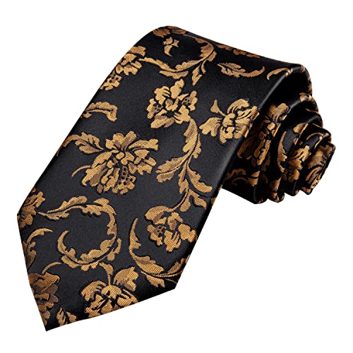 Dubulle Mens Black And Gold Floral Ties Set Silk Woven Black Neckties Handekrchief Cufflinks For Men #TOP2
