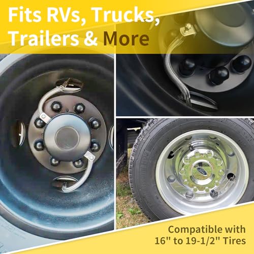 Image of Dually Valve Stem Extenders for Dual Wheels, Stainless Steel Braided Dually Tire Valve Extension with 2 Straight & 2 Angled Hoses, Fits 16 inch to 19-1 /2 inch Dual Wheels Tire Valve Extension for Cars