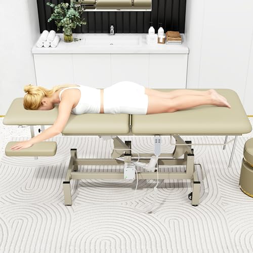 Image of 2 Motors Electric Massage Table, Hydraulic Electric Lift Adjustable Waist and Height Lifting Functions for Treatment, Physical Therapy, Spinal Massage, Facial Spa, Waxing, Tattooing - Beige Gray
