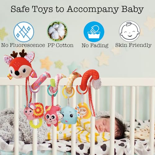 Image of Infant Stroller Toys, Sensory Car Seat Toys for Babies 0-6 Months Red Deer | Infants Activity Spiral Hanging Crib Toy Gift for Baby Boys and Girls 0 3 6 12 Months Newborn Toy with Rattles Squeaker Music